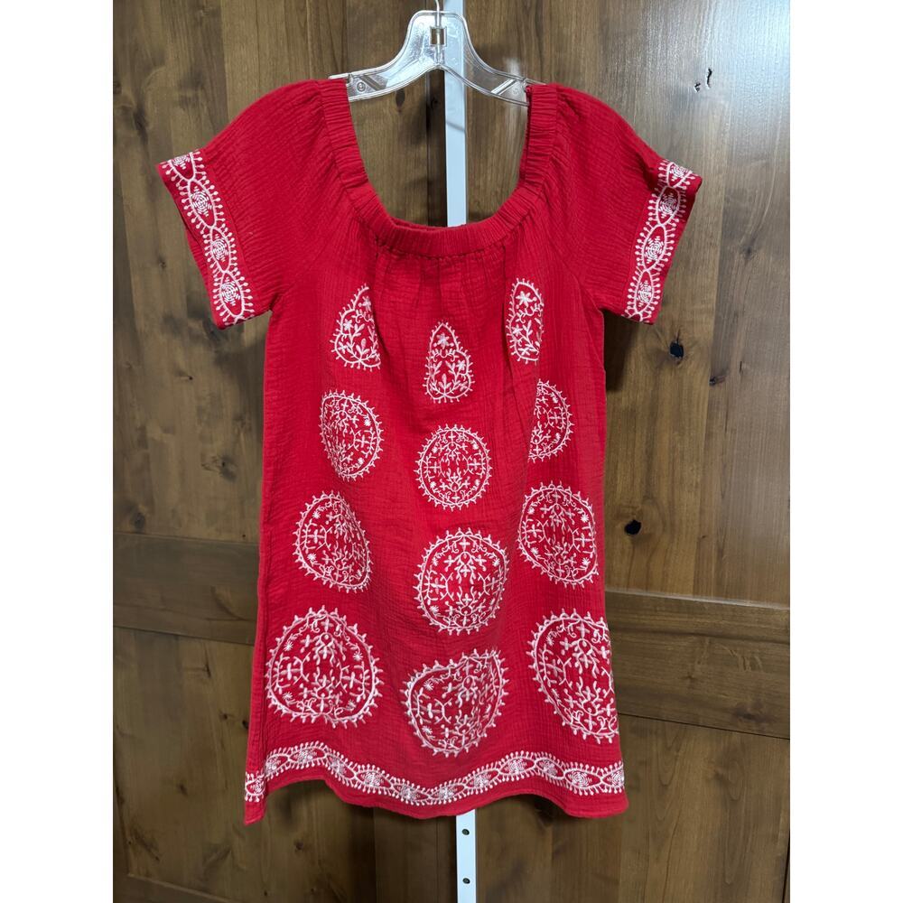 Skies are Blue Cotton Embroidered On or Off Shoulder Mini Dress Red Small